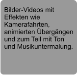 Bilder-Videos mit Effekten wie Kamerafahrten, animierten Übergängen und zum Teil mit Ton und Musikuntermalung.