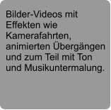 Bilder-Videos mit Effekten wie Kamerafahrten, animierten Übergängen und zum Teil mit Ton und Musikuntermalung.