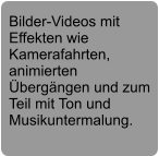 Bilder-Videos mit Effekten wie Kamerafahrten, animierten Übergängen und zum Teil mit Ton und Musikuntermalung.